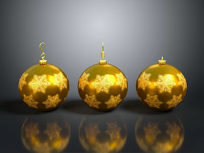 Golden Christmas Ornaments With Snowflake Patterns And Hooks On Gray Background 3d model