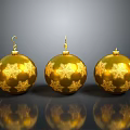 Golden Christmas Ornaments With Snowflake Patterns And Hooks On Gray Background