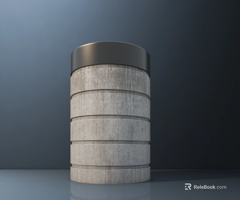 Cylindrical Concrete Stool Featuring Layered Ring Texture Black Metal Top Dark Background Gray Floor 3d model 