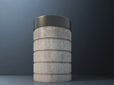 Cylindrical Concrete Stool Featuring Layered Ring Texture Black Metal Top Dark Background Gray Floor 3d model