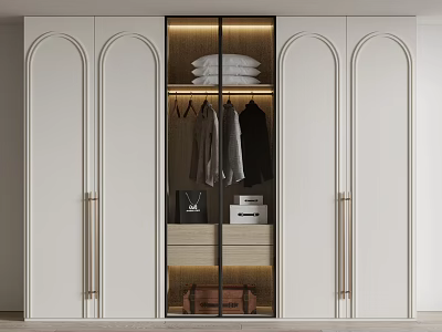 White Arched Wardrobe Design With Glass Door Hanging Clothes Folded Items And Storage Boxes 3d model
