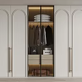 White Arched Wardrobe Design With Glass Door Hanging Clothes Folded Items And Storage Boxes