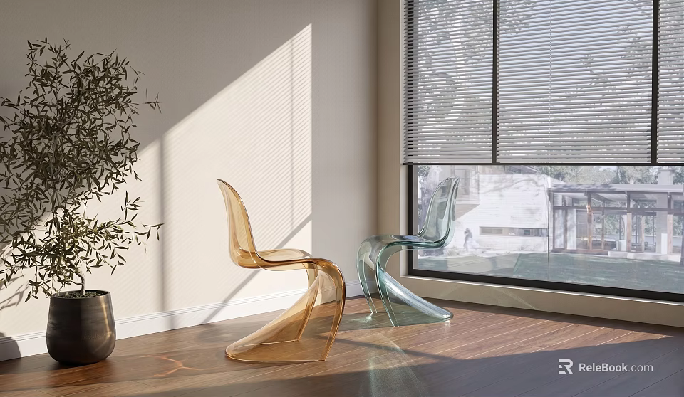 Modern Transparent Single Chair Amber Light Green Acrylic Design With Bright Wooden Floor And Window 3d model 
