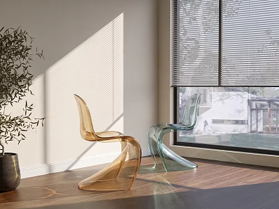 Modern Transparent Single Chair Amber Light Green Acrylic Design With Bright Wooden Floor And Window 3d model