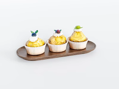 Freshly Baked Cupcakes on Wooden Tray Topped with Berries and Green Leaves 3d model