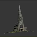 European Style Church Architecture With Tall Spire Green Roof Stone Exterior And Green Grass