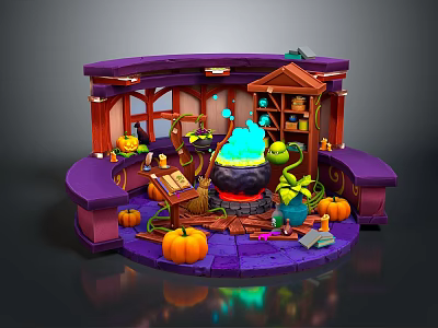 Enchanted Magic Workshop Scene With Cauldron Pumpkins Magic Books And Plants 3d model