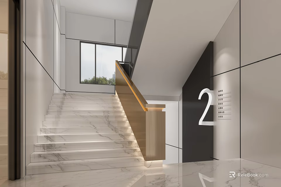 Modern Staircase Interior With Marble Steps Wooden Handrail And Number 2 Sign 3d model 