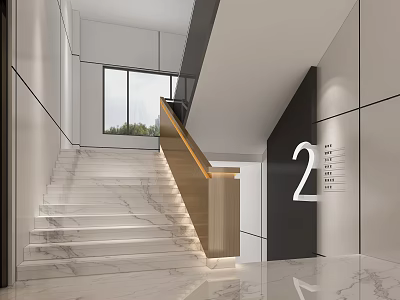 Modern Staircase Interior With Marble Steps Wooden Handrail And Number 2 Sign 3d model