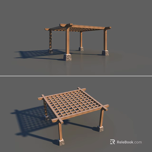 Wooden Pergola With Lattice Top And Stone Base Structure Design 3d model 