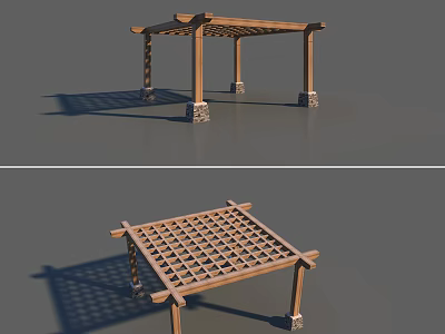 Wooden Pergola With Lattice Top And Stone Base Structure Design 3d model