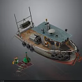 Old Fishing Boat With Blue Roof White Red Hull Winch Lifebuoy And Small Accessories