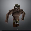 Cartoon Muscular Man Character With Camouflage Hat No Shirt Shorts And Boots