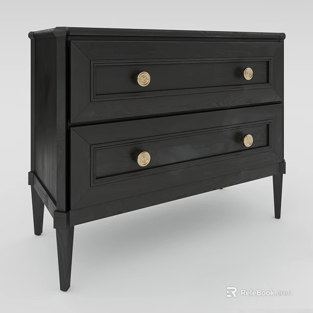 Black Wooden Nightstand With Two Drawers And Gold Round Knobs Design 3d model