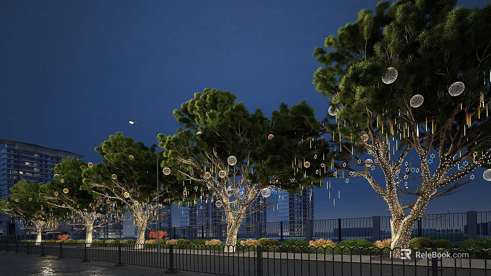 Nighttime Road Facilities With Decorative Trees Hanging Spheres And String Lights On Street 3d model 