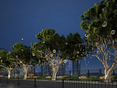 Nighttime Road Facilities With Decorative Trees Hanging Spheres And String Lights On Street 3d model