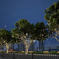 Nighttime Road Facilities With Decorative Trees Hanging Spheres And String Lights On Street