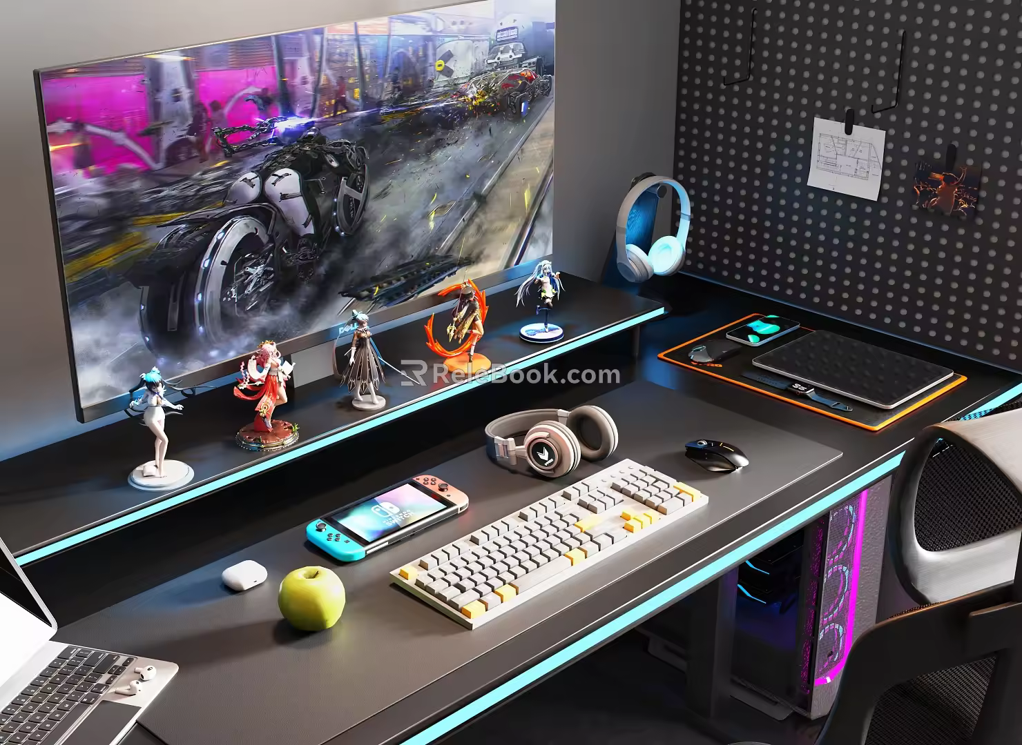Modern E-sports Room Study Computer Desk Tablet Computer Audio Mouse Keyboard Headset Handheld 3d model