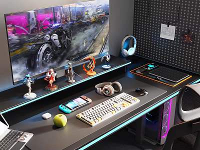 Modern Gaming Computer Desk Setup With Monitor Headphones Keyboard Mouse Figurines And PC Case 3d model