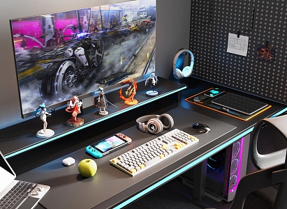 Modern E-sports Room Study Computer Desk Tablet Computer Audio Mouse Keyboard Headset Handheld 3d model