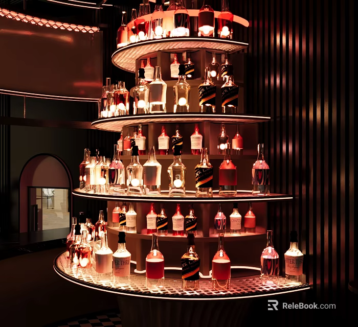 Multi tiered Wine Cabinet with Illuminated Shelves and Various Wine Bottles 3d model 