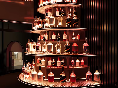 Multi tiered Wine Cabinet with Illuminated Shelves and Various Wine Bottles 3d model