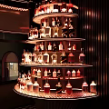 Multi tiered Wine Cabinet with Illuminated Shelves and Various Wine Bottles