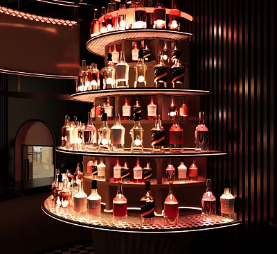 Multi tiered Wine Cabinet with Illuminated Shelves and Various Wine Bottles 3d model