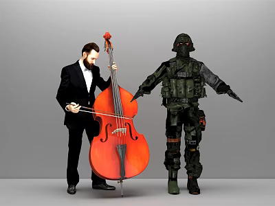 Man in Black Suit Playing Cello Next to Green Tactical Gear Robot 3d model