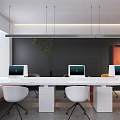 Modern Open Office Interior With White Desks Black Walls Green Plants And Orange Decor