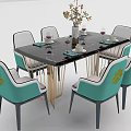 Dining Table Set with Black Tabletop Golden Legs and Turquoise Chairs with Gold Leaf Patterns 3d model