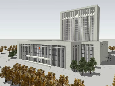 Modern White Office Building With Multi story Structure Large Windows Surrounding Trees and Entrance Area 3d model