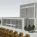 Modern White Office Building With Multi story Structure Large Windows Surrounding Trees and Entrance Area