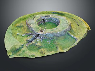 Ancient Circular Stone Ruin Reconstruction Model With Green Grass And Stone Walls 3d model