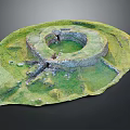 Ancient Circular Stone Ruin Reconstruction Model With Green Grass And Stone Walls