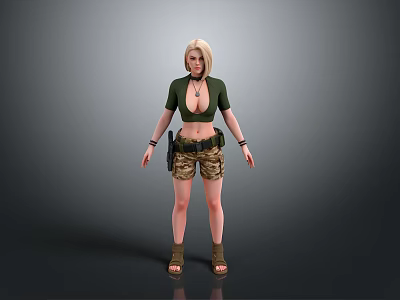 Blonde Female 3D Character Wearing Green Crop Top Camouflage Shorts Brown Sandals And Necklace 3d model