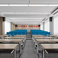 School Lecture Hall With Rows Of Desks Blue Seats And Motivational Slogan