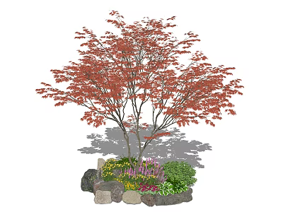 Beautiful Tree Pit With Red Leaf Maple Tree Stones And Colorful Flowers 3d model