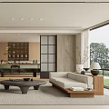 Modern Open Living Room Interior With Wooden Chairs Round Coffee Table Sofa Bookshelf And Rug