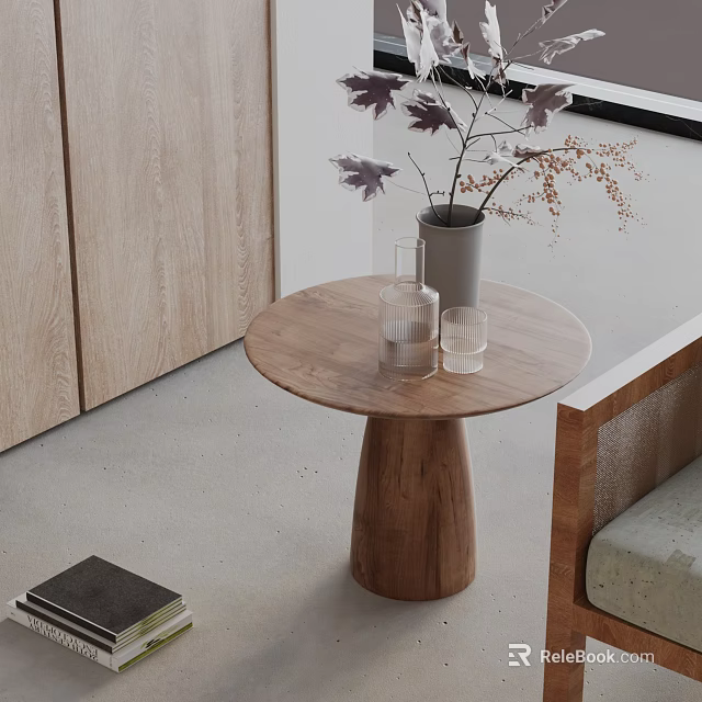 Round Top Wooden Side Table With Cylindrical Base Vase Glasses And Decorative Plants 3d model 