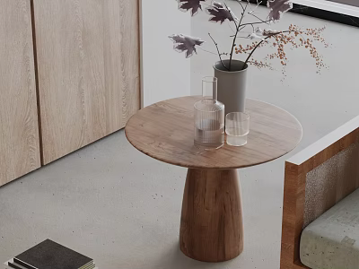 Round Top Wooden Side Table With Cylindrical Base Vase Glasses And Decorative Plants 3d model