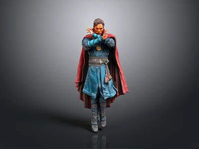 Decorative Character Action Figure With Blue Costume Red Cape And Posing Hands Standing 3d model