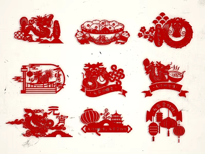 Chinese Traditional Red Paper Cut Art With Dragons Lanterns Ingots And Fu Characters 3d model