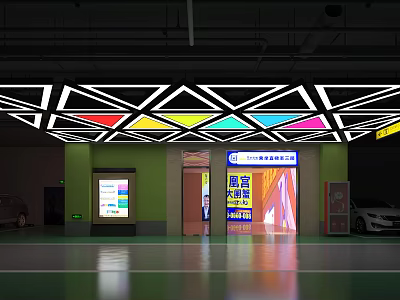 Modern Parking Lot Entrance Featuring Colorful Geometric Ceiling Design And Green Floor 3d model