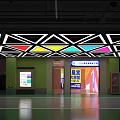 Modern Parking Lot Entrance Featuring Colorful Geometric Ceiling Design And Green Floor