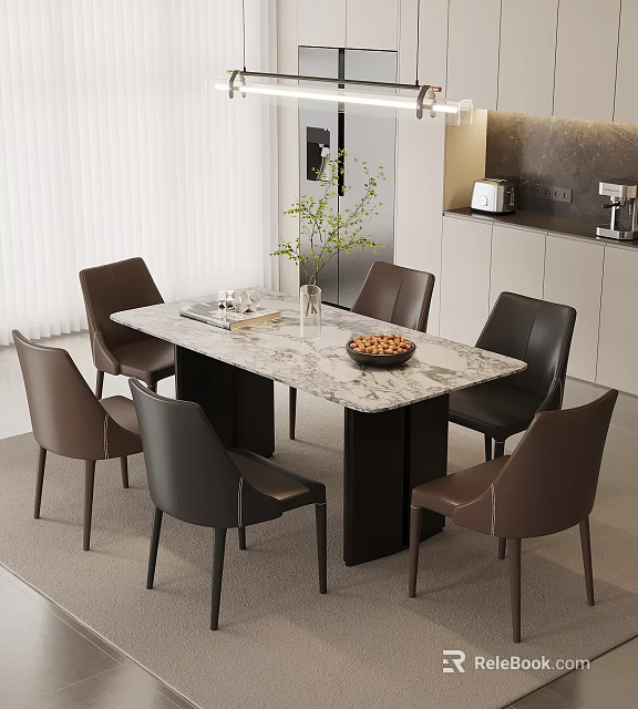 Marble Top Dining Table With Brown Black Chairs And Vase Plant In Modern Dining Area 3d model 