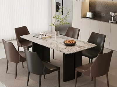 Marble Top Dining Table With Brown Black Chairs And Vase Plant In Modern Dining Area 3d model
