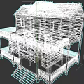 Garden Landscape Featuring Traditional Two Story Wooden House With Balcony And Stairs