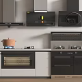 Modern Kitchen Interior With Stylish Cookware Range Hoods Stovetops Oven And Pot
