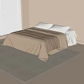 Double bed with beige striped blanket and white pillows on soft beige rug near window